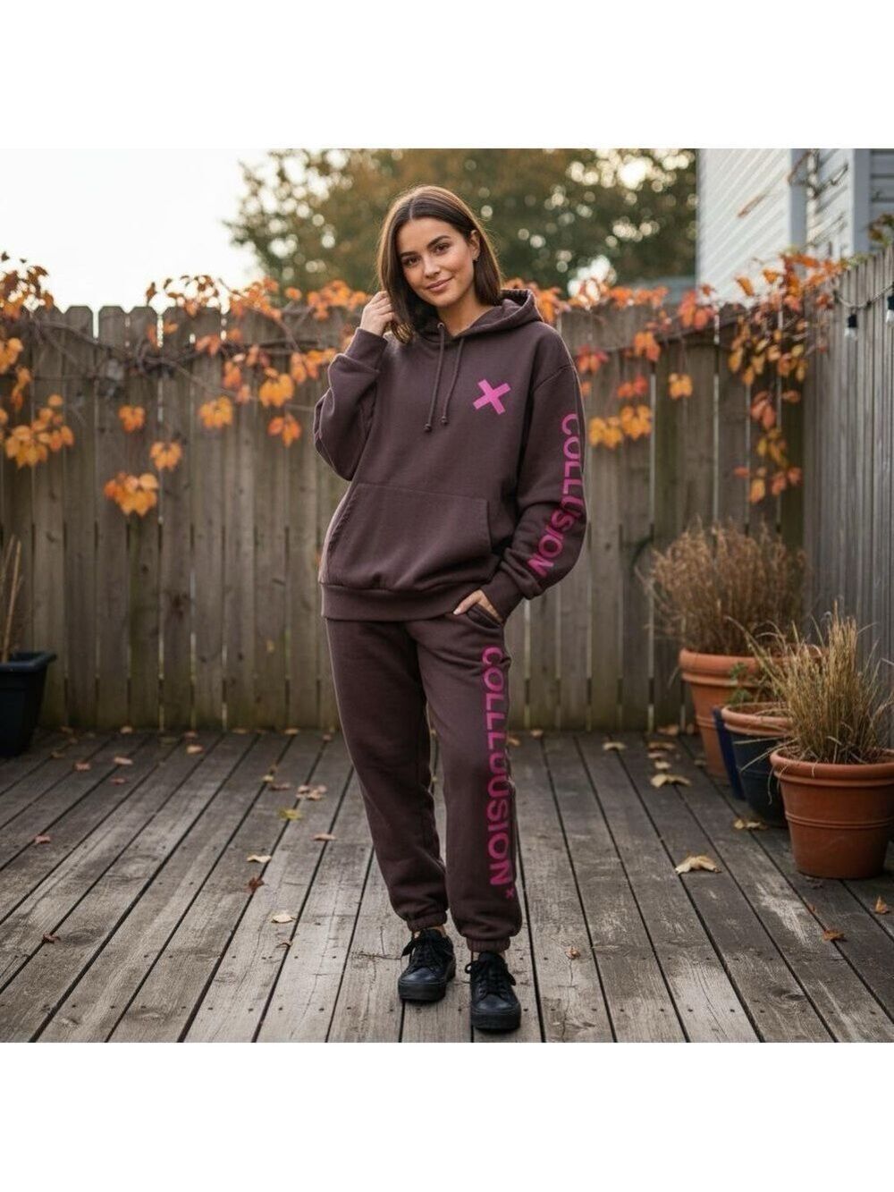 COLLUSION Unisex Lounge cotton blend set pants & sweat shirt hoodie brown pink